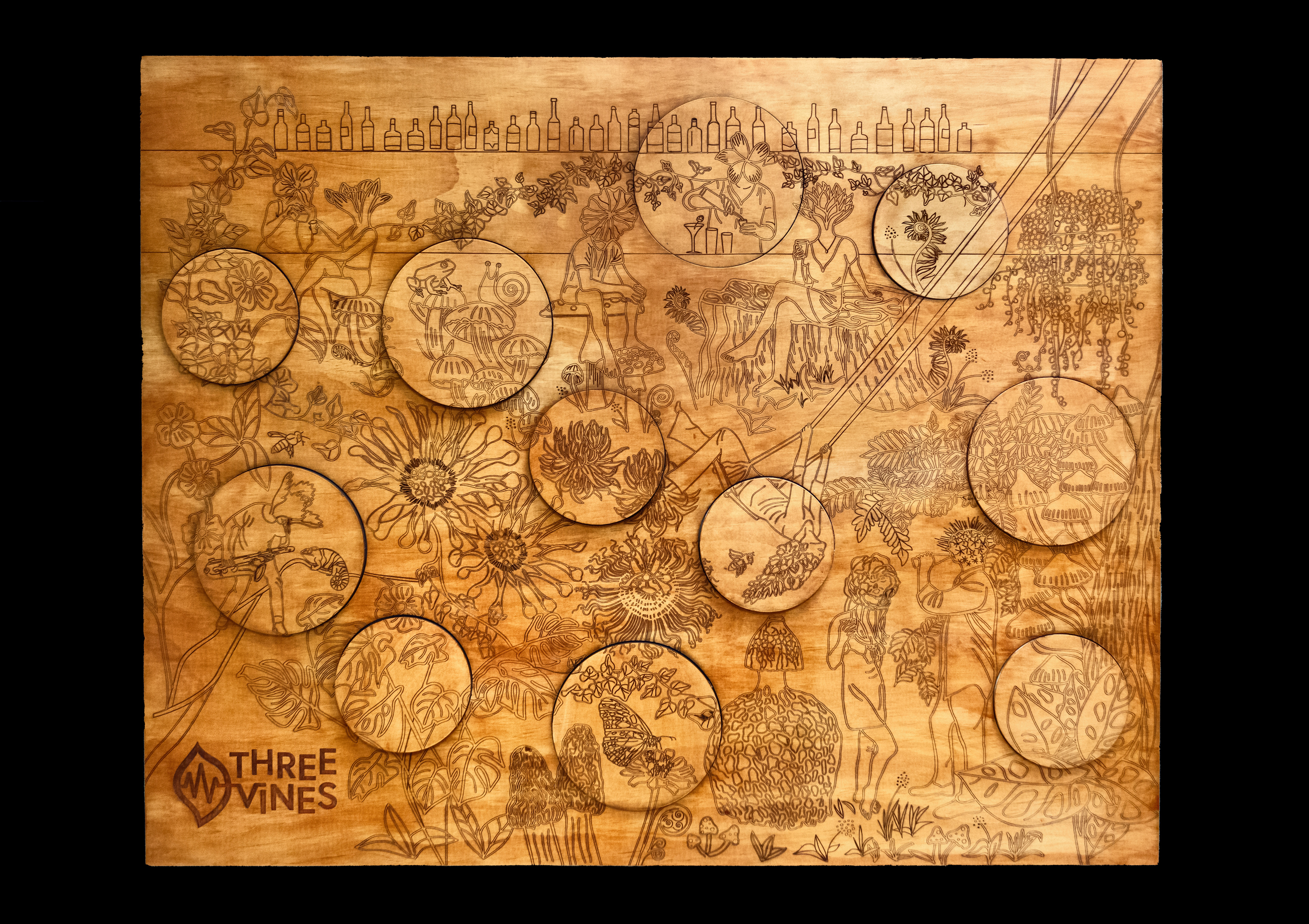 Laser Engraved Illustration with cut out coasters | 24" x 30" | Wood