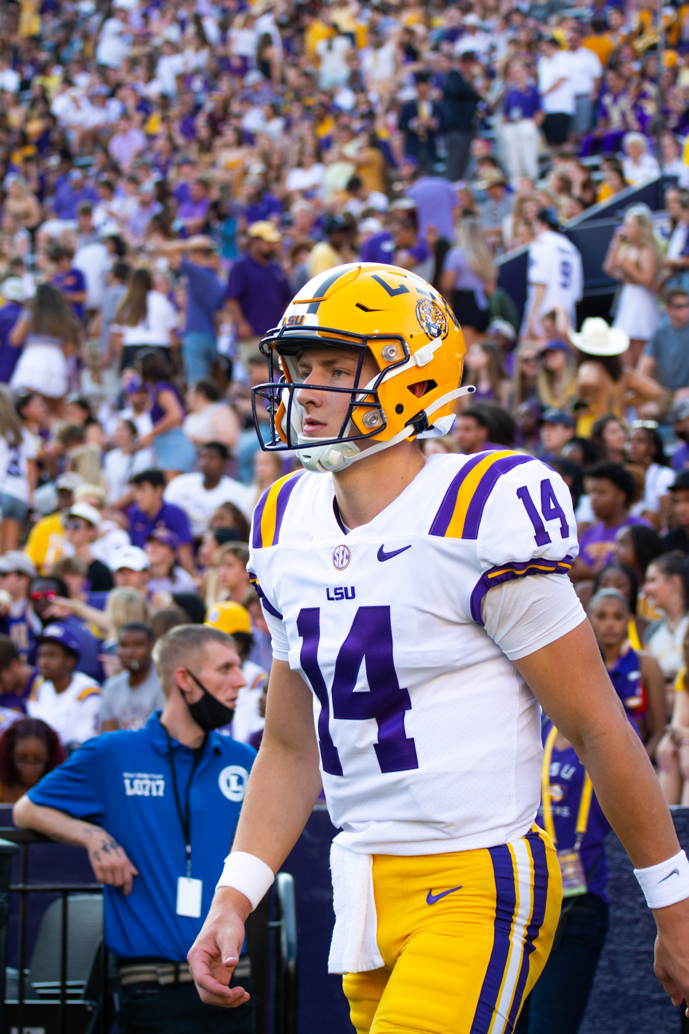 LSU football sophomore quarterback Max Johnson (14) walks out the tunnel Saturday, Sept. 11, 2021, before LSU’s 34-7 win against McNeese State University at Tiger Stadium in Baton Rouge, La.