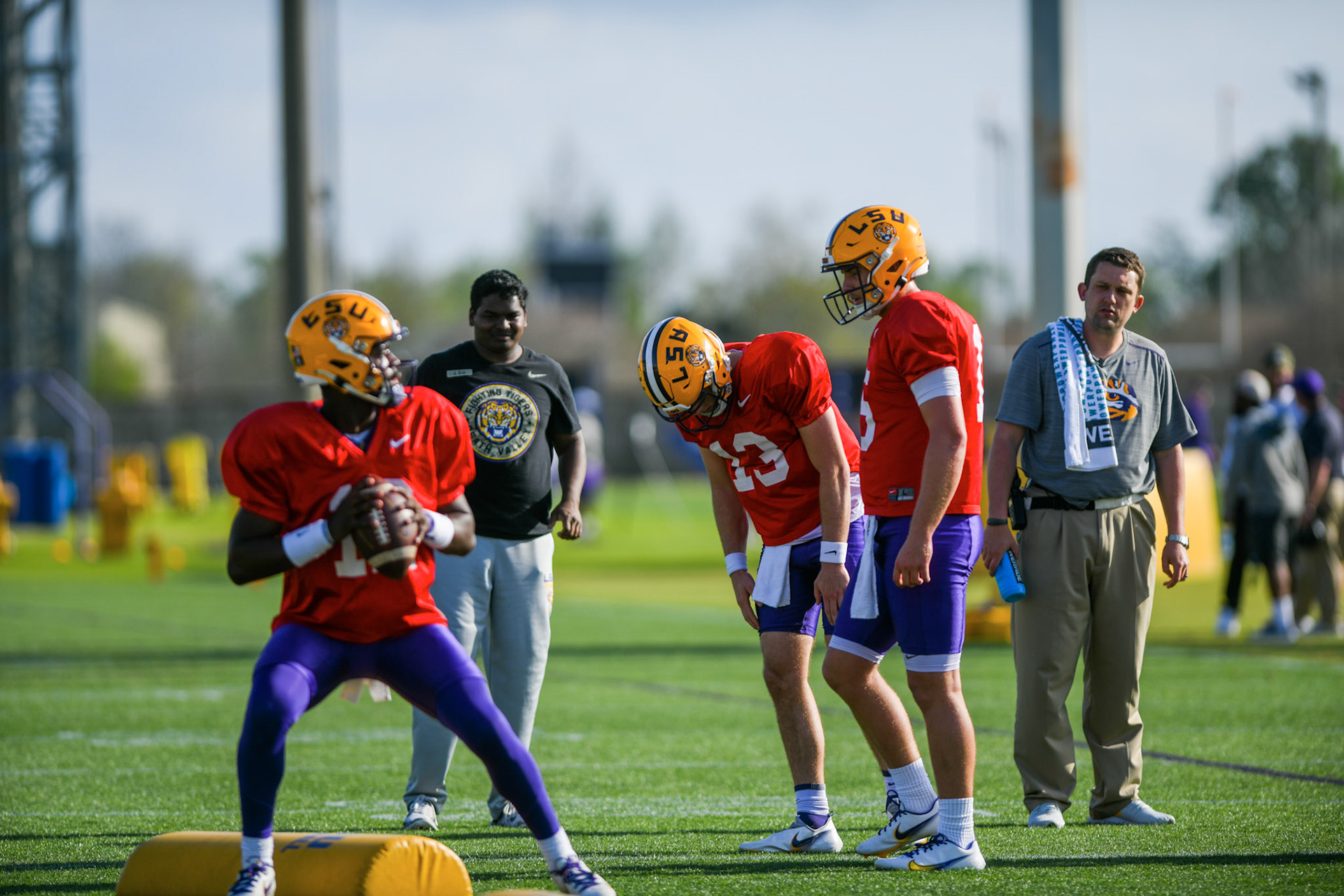 LSU football quarterback redshirt freshman Tavion Faulk (12) works on a drill Tuesday, March 29, 2022 during LSU's spring practice in Baton Rouge, La.