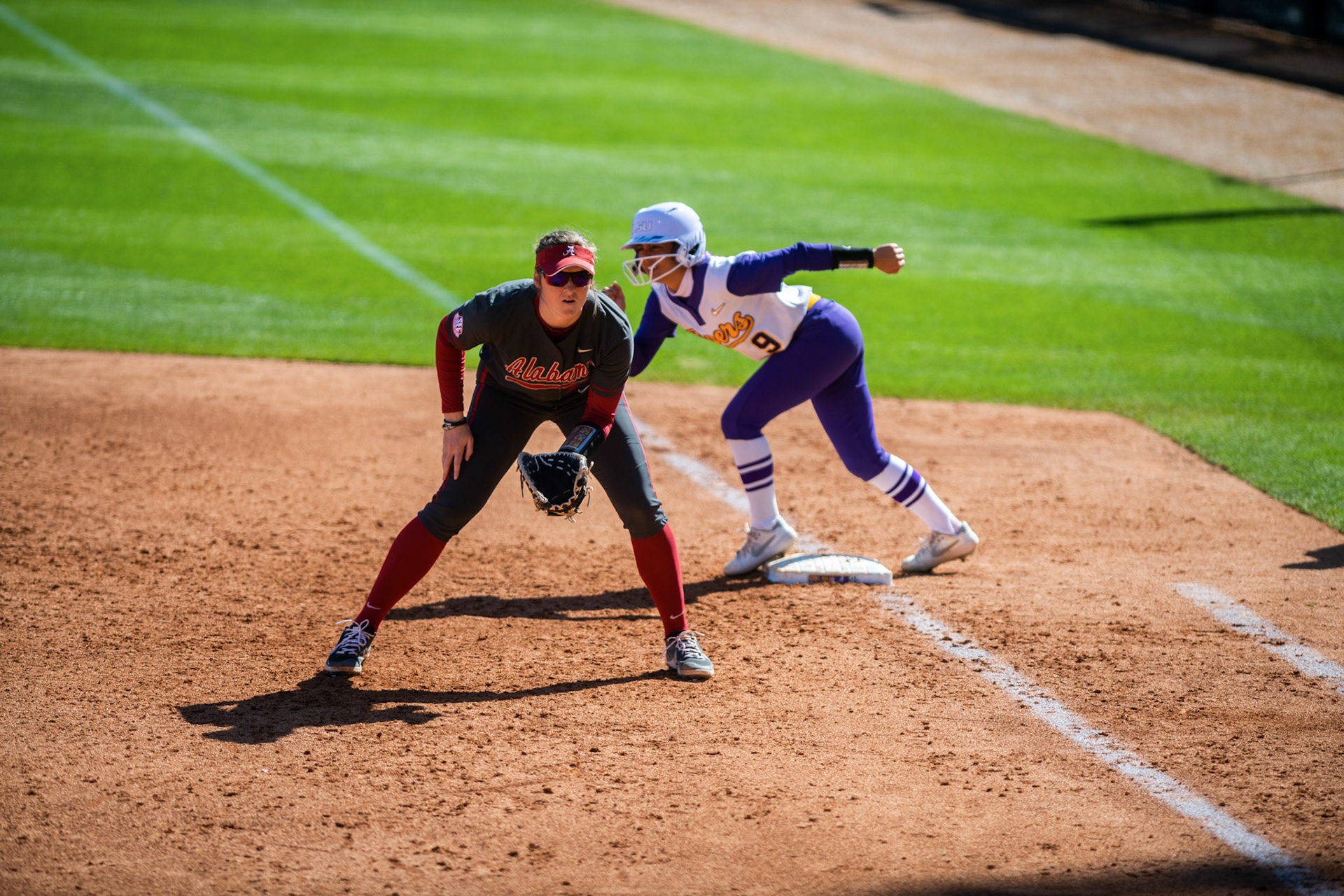 LSU softball freshman outfielder Madilyn Giglio (9) takes a lead off of first base Saturday, March 12, 2022 during LSU's 13-6 win against Alabama at Tiger Park in Baton Rouge, La.