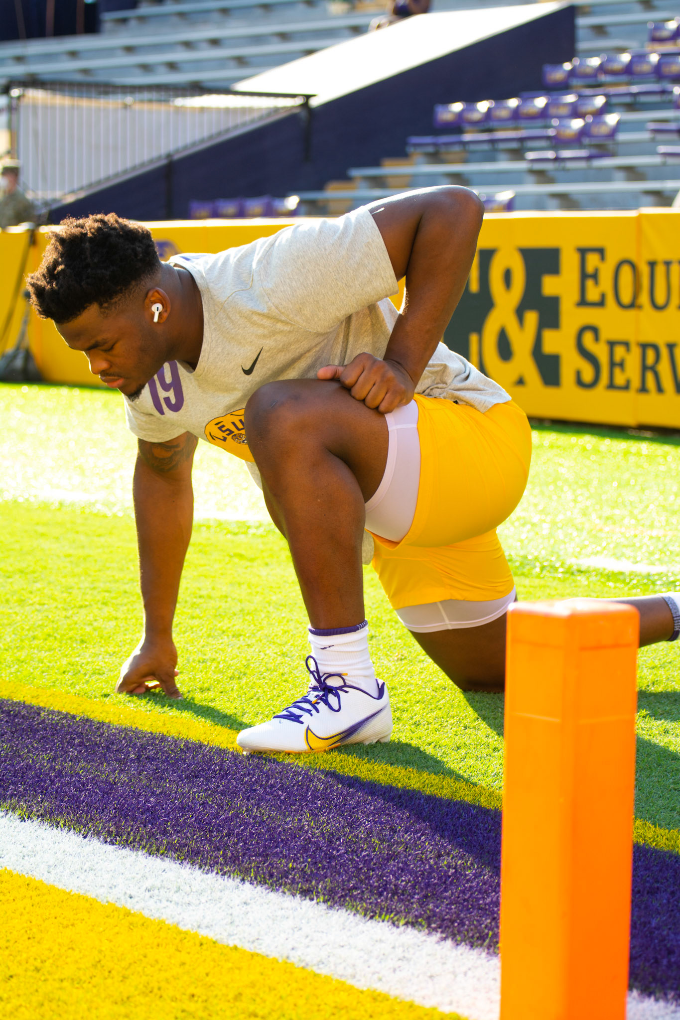 LSU football sophomore linebacker Mike Jones Jr. (19) stretches during warmups Saturday, Sept. 11, 2021, before LSU’s 34-7 win against McNeese State University at Tiger Stadium in Baton Rouge, La.