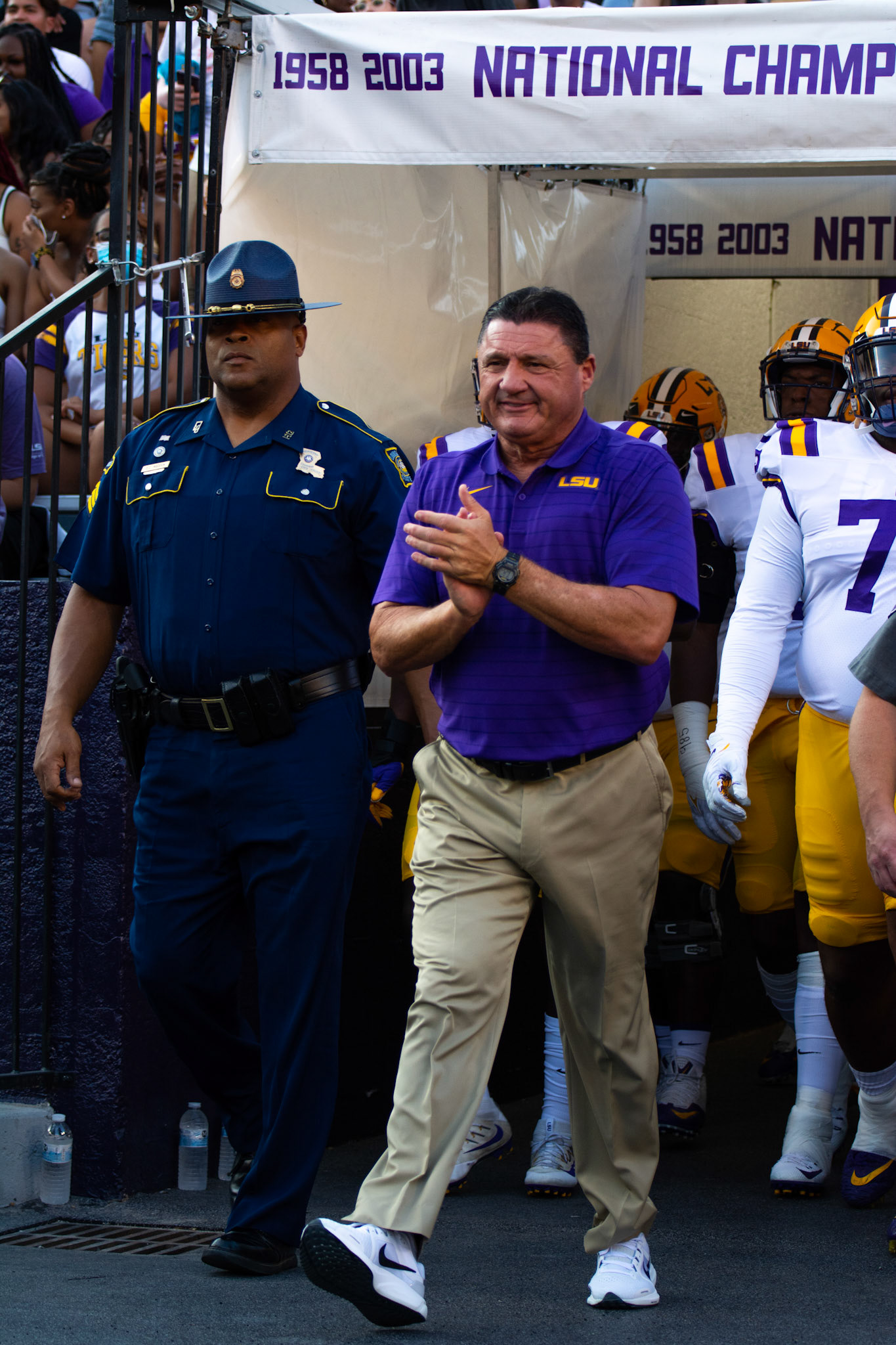 LSU football head coach Ed Orgeron walks out of the tunnel Saturday, Sept. 11, 2021, before LSU’s 34-7 win against McNeese State University at Tiger Stadium in Baton Rouge, La.