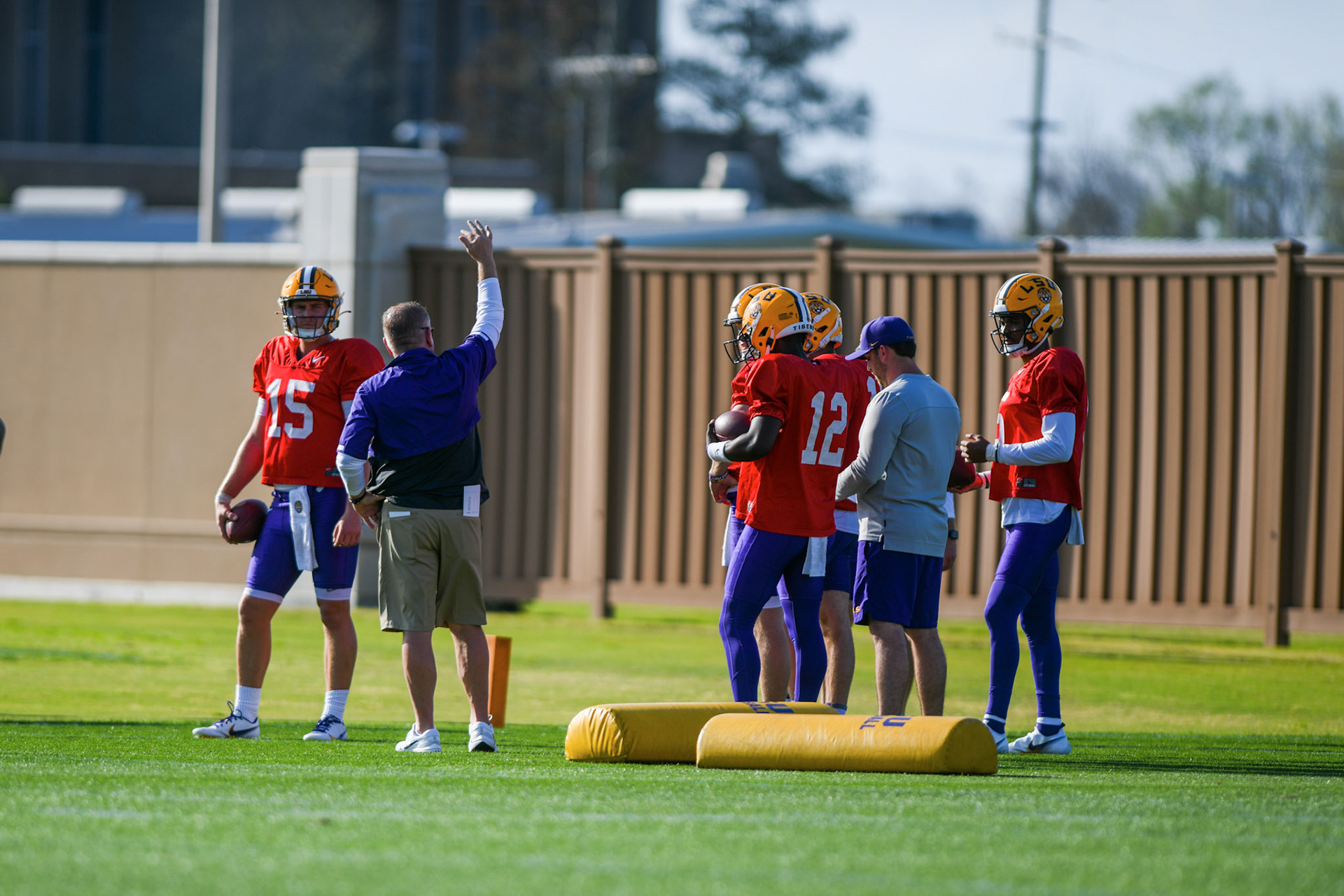 LSU head coach Brian Kelly speaks to the quarterbacks Tuesday, March 29, 2022 during LSU's spring practice in Baton Rouge, La.