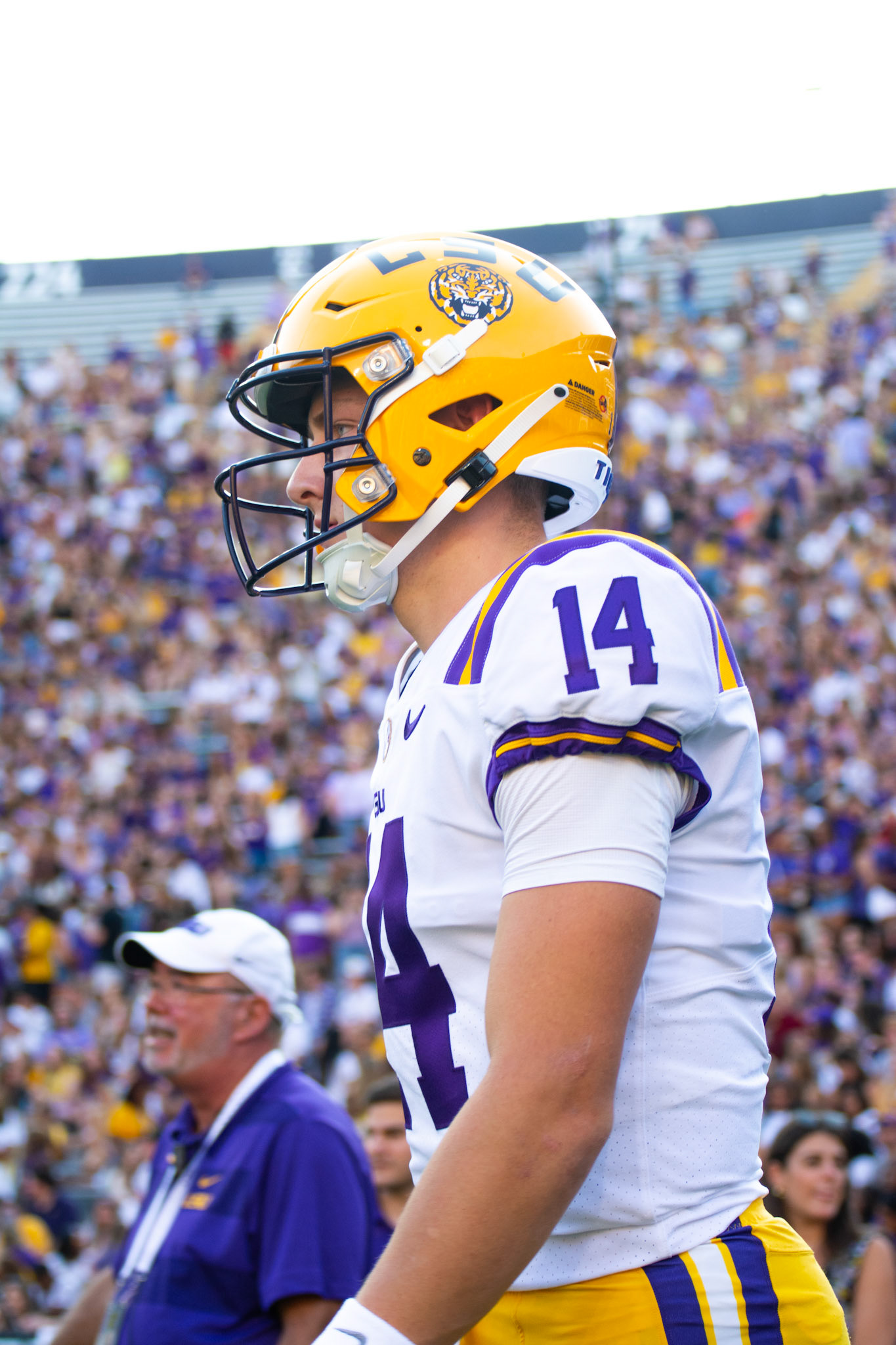LSU football sophomore quarterback Max Johnson (14) walks out the tunnel Saturday, Sept. 11, 2021, before LSU’s 34-7 win against McNeese State University at Tiger Stadium in Baton Rouge, La.