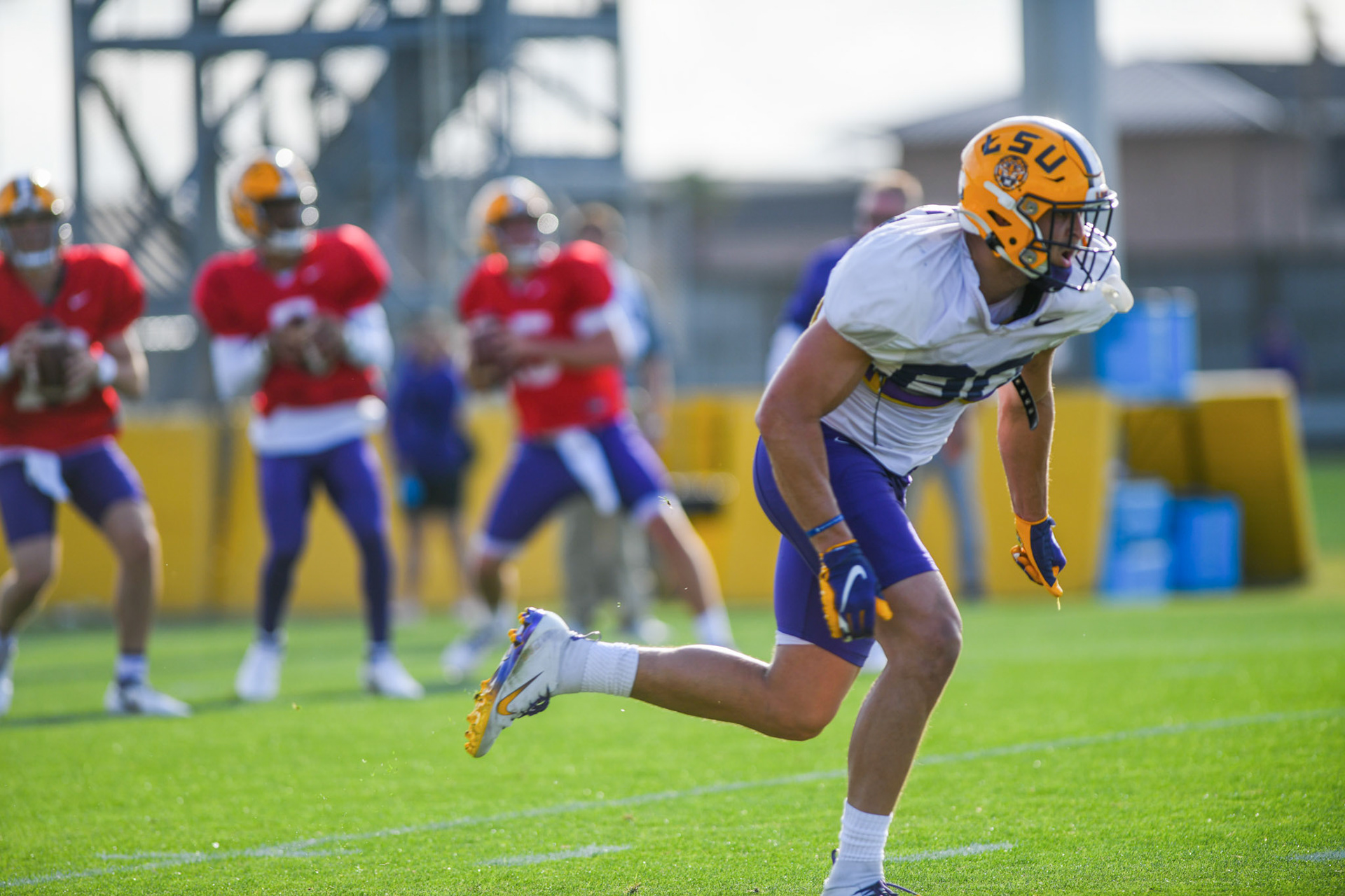 LSU football sophomore wide receiver Jack Bech (80) runs through the play Tuesday, March 29, 2022 during LSU's spring practice in Baton Rouge, La.