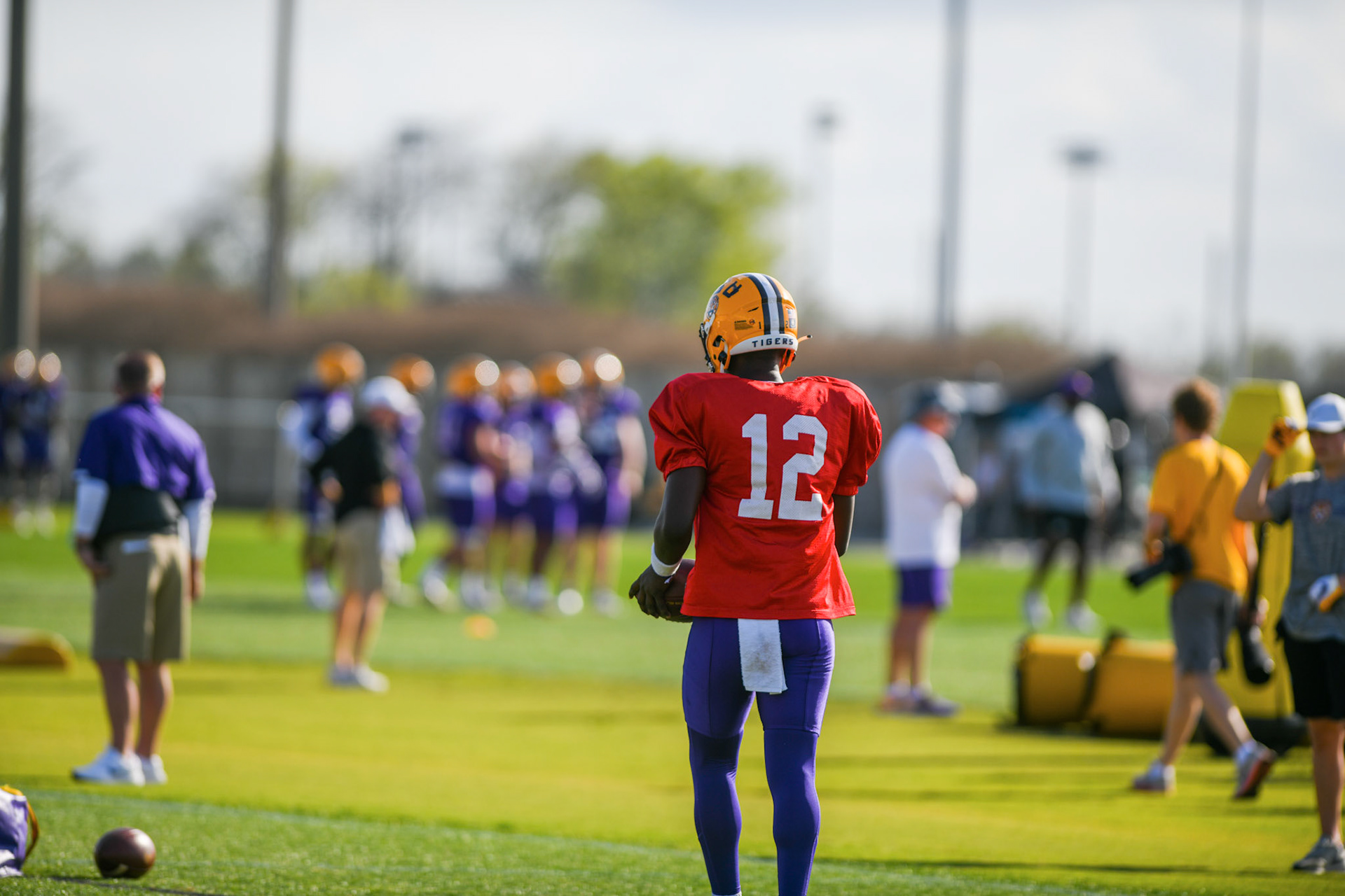 LSU football quarterback redshirt freshman Tavion Faulk (12) works on a drill Tuesday, March 29, 2022 during LSU's spring practice in Baton Rouge, La.