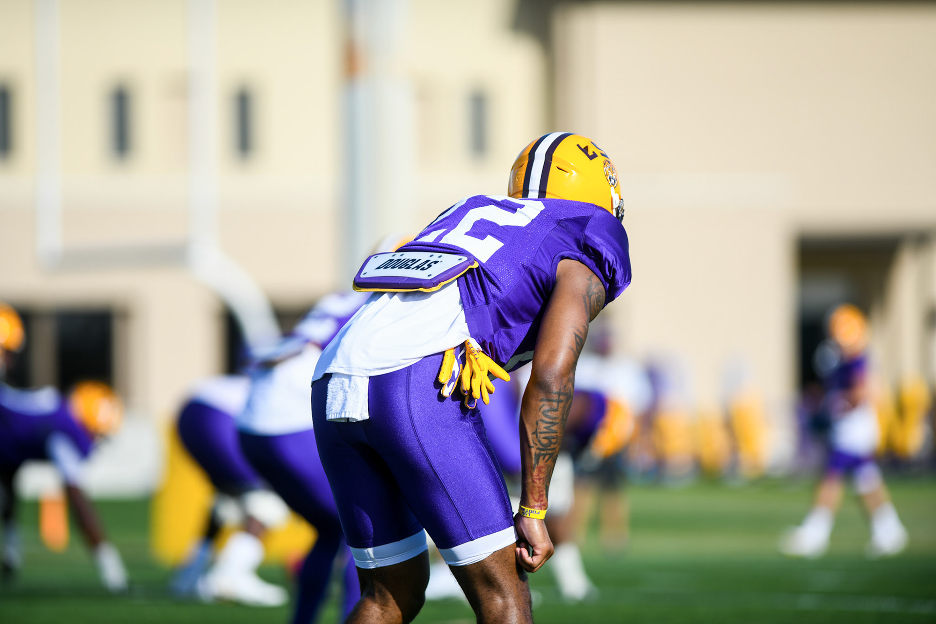 LSU football junior cornerback Mekhi Garner (22) waits for the play Tuesday, March 29, 2022 during LSU's spring practice in Baton Rouge, La.