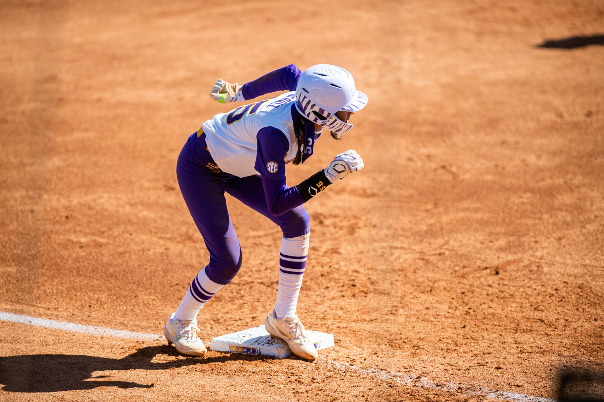 LSU softball redshirt sophomore Raeleen Gutierrez (55) prepares to take a lead Saturday, March 12, 2022 during LSU's 13-6 win against Alabama at Tiger Park in Baton Rouge, La.
