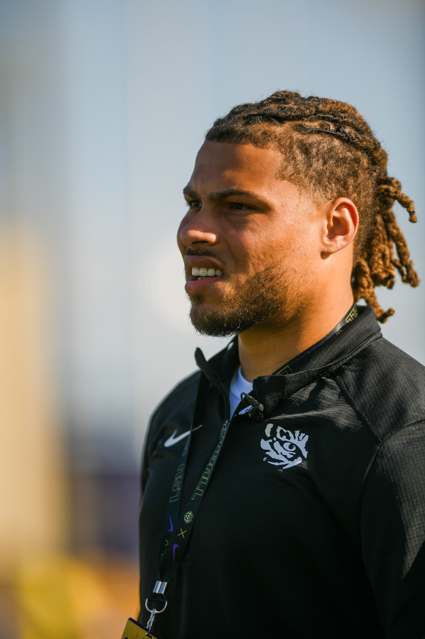 Former LSU football safety and Super Bowl Champion Tyrann Mathieu watches practice Tuesday, March 29, 2022 during LSU's spring practice in Baton Rouge, La.