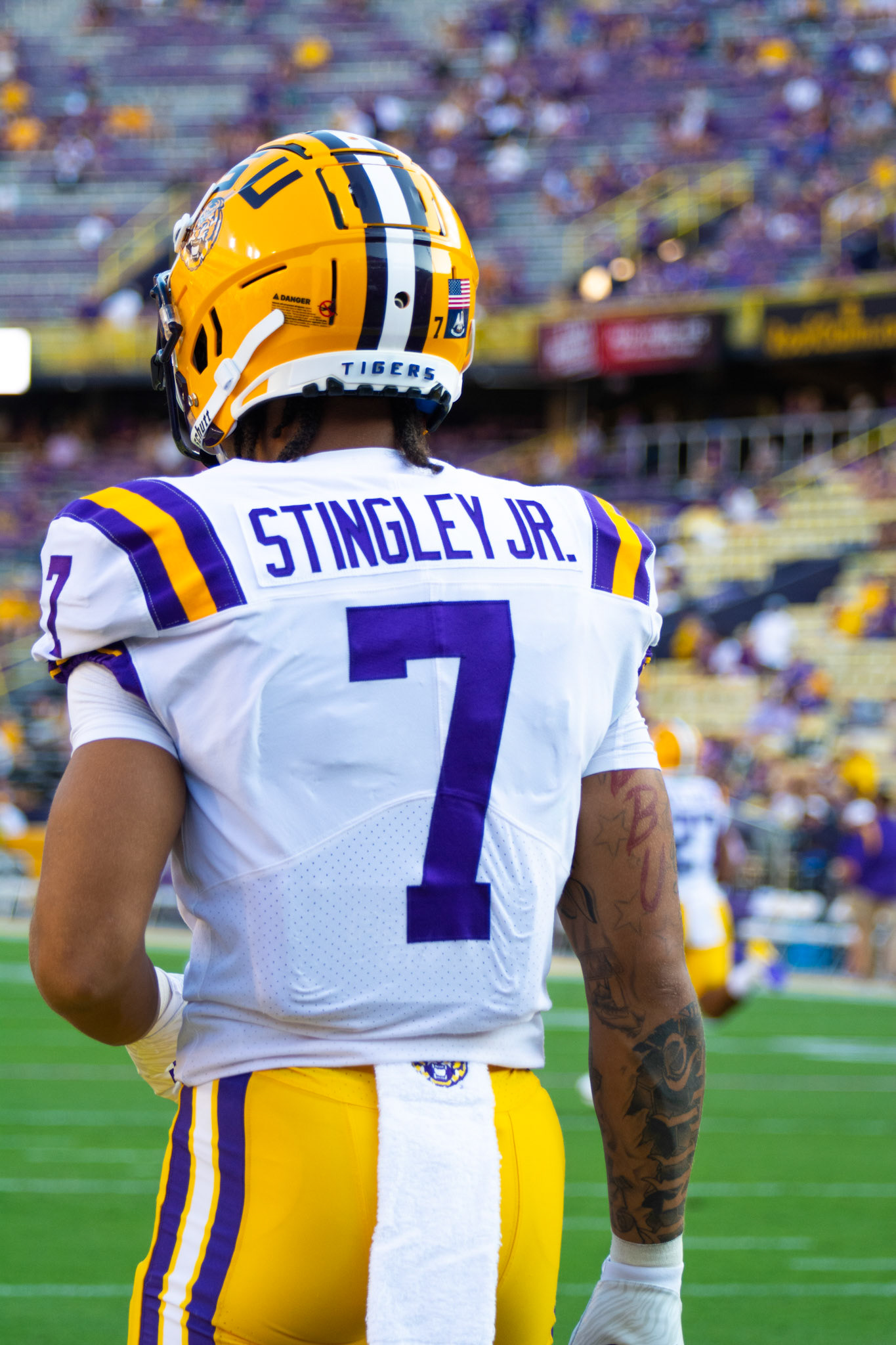 LSU football junior cornerback Derek Stingley Jr. (7) lines up for warmups Saturday, Sept. 11, 2021, before LSU’s 34-7 win against McNeese State University at Tiger Stadium in Baton Rouge, La.