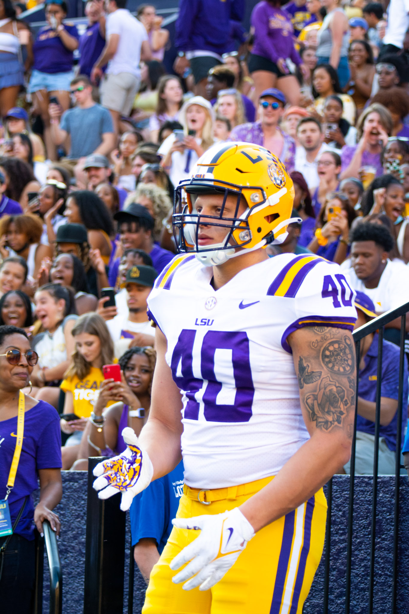 LSU football freshman defensive line Landon Jackson (40) walks out of the tunnel Saturday, Sept. 11, 2021, before LSU’s 34-7 win against McNeese State University at Tiger Stadium in Baton Rouge, La.