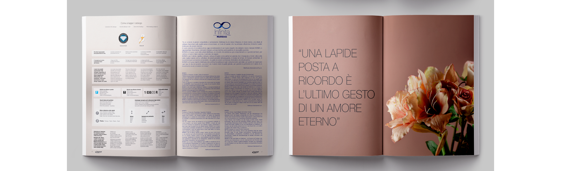 Mockup pagine interne catalogo listino Caggiati 2018 per collezioni di arte funeraria e arredo cimiteriale.