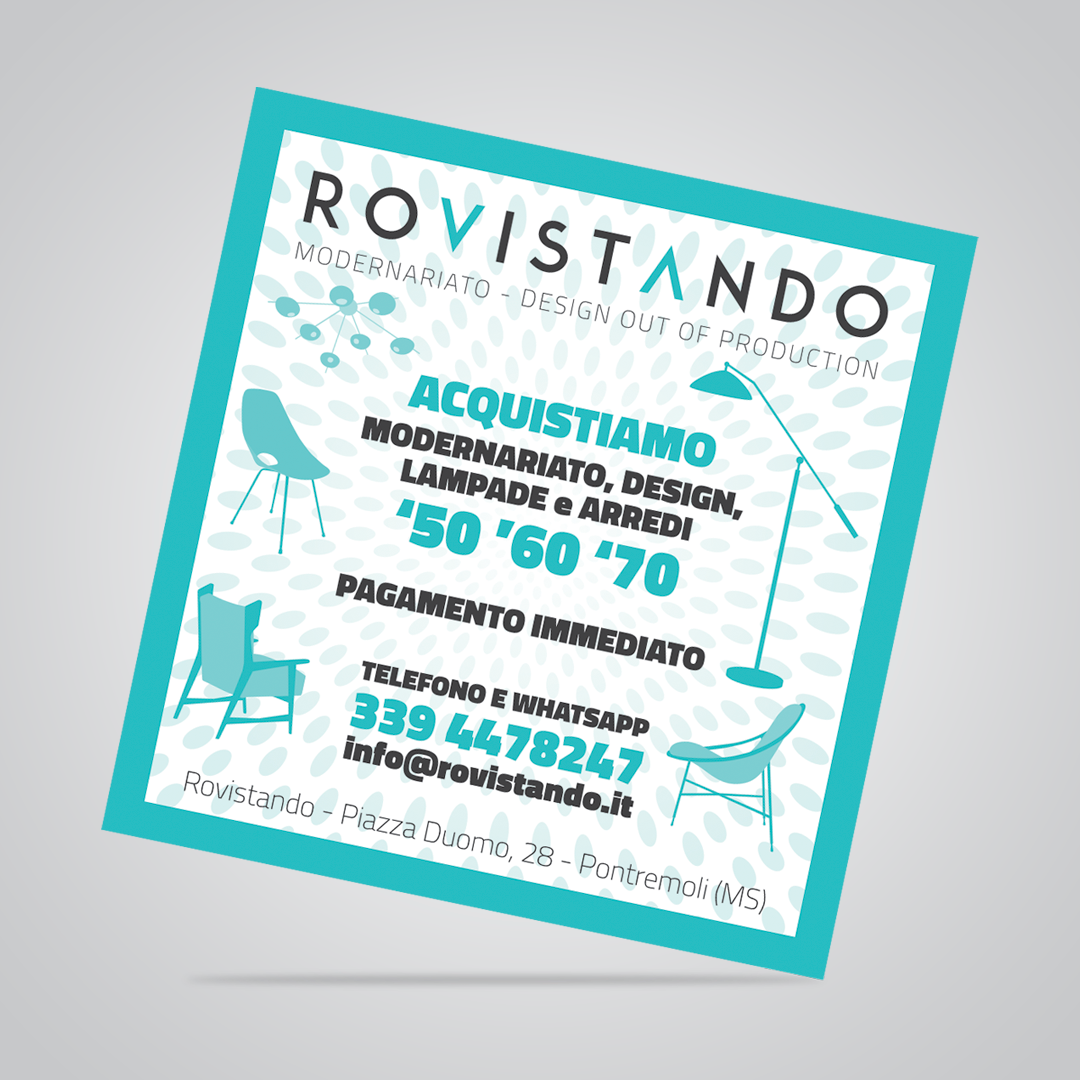 Flyer pubblicitario Rovistando Modernariato con stilizzazione grafica di arredi vintage di design fuori produzione.