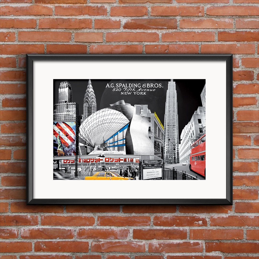 Poster pubblicitario A.G. Spalding & Bros. con fotomontaggio di diverse metropoli internazionali per comunicare lo spirito globale e cosmopolita del brand.