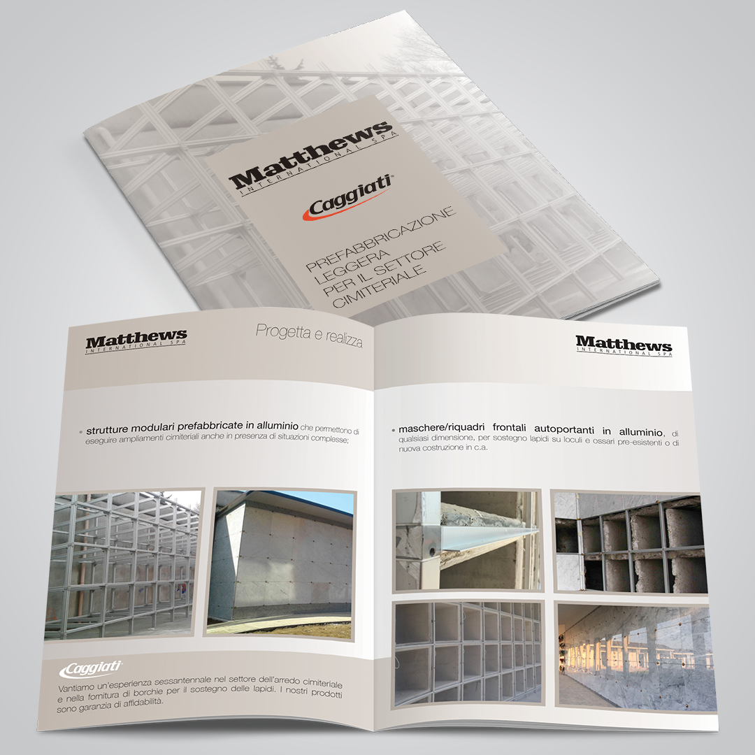 Brochure Caggiati per servizio di prefabbricazione leggera nel settore cimiteriale con copertina istituzionale e pagine interne con fotografie delle strutture realizzabili.