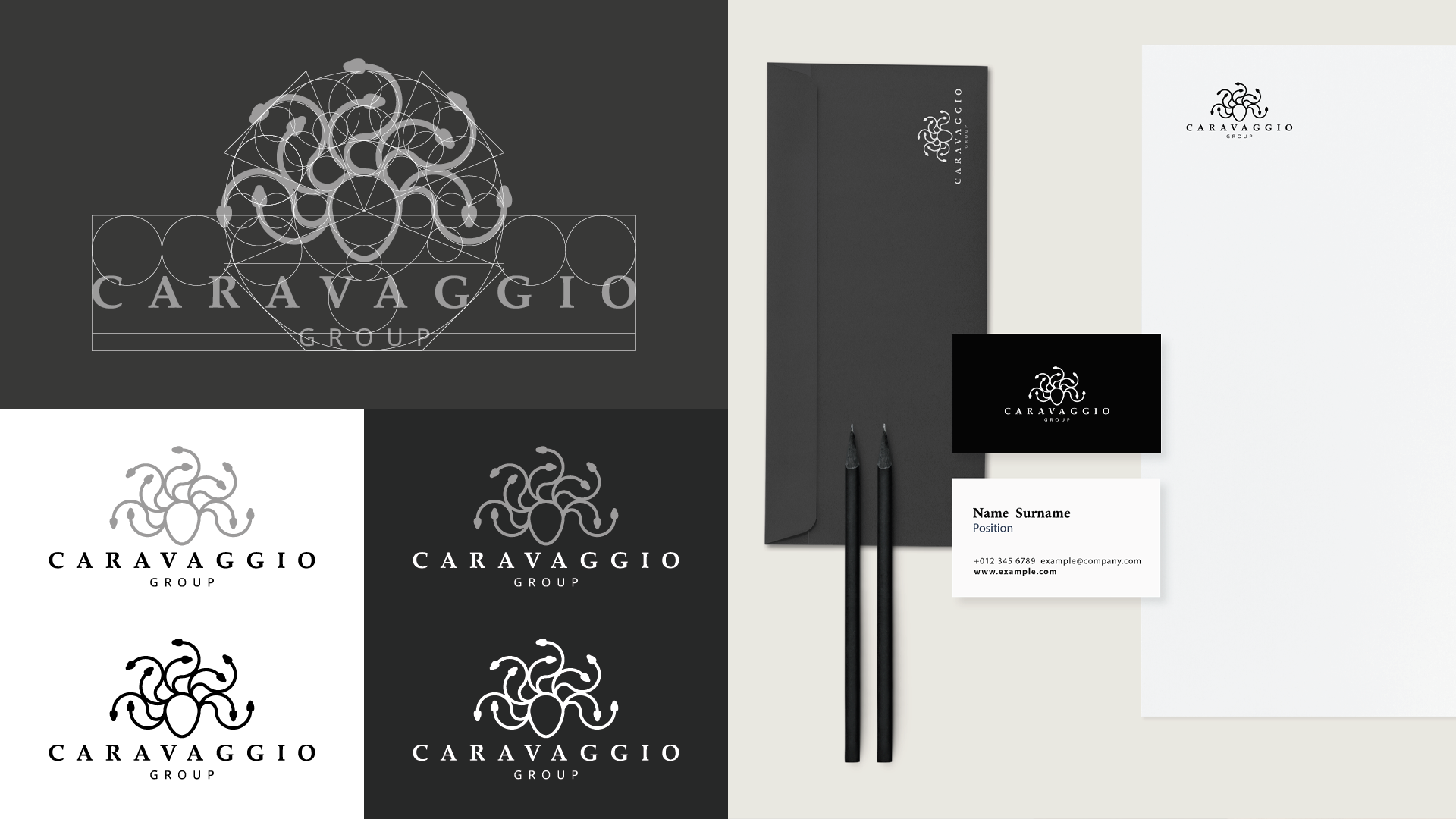 Costruzione del logo e applicazione su stationery Caravaggio Group azienda di servizi