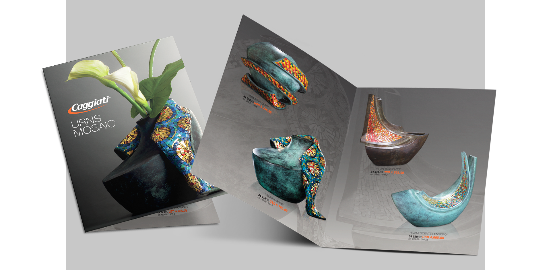 Brochure Caggiati dedicata a collezione urne mosaico per arte funeraria e arredo cimiteriale.