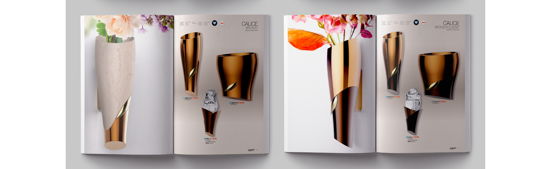 Mockup del catalogo listino Caggiati 2018 con presentazione collezioni di arte funeraria per mercato B2B.