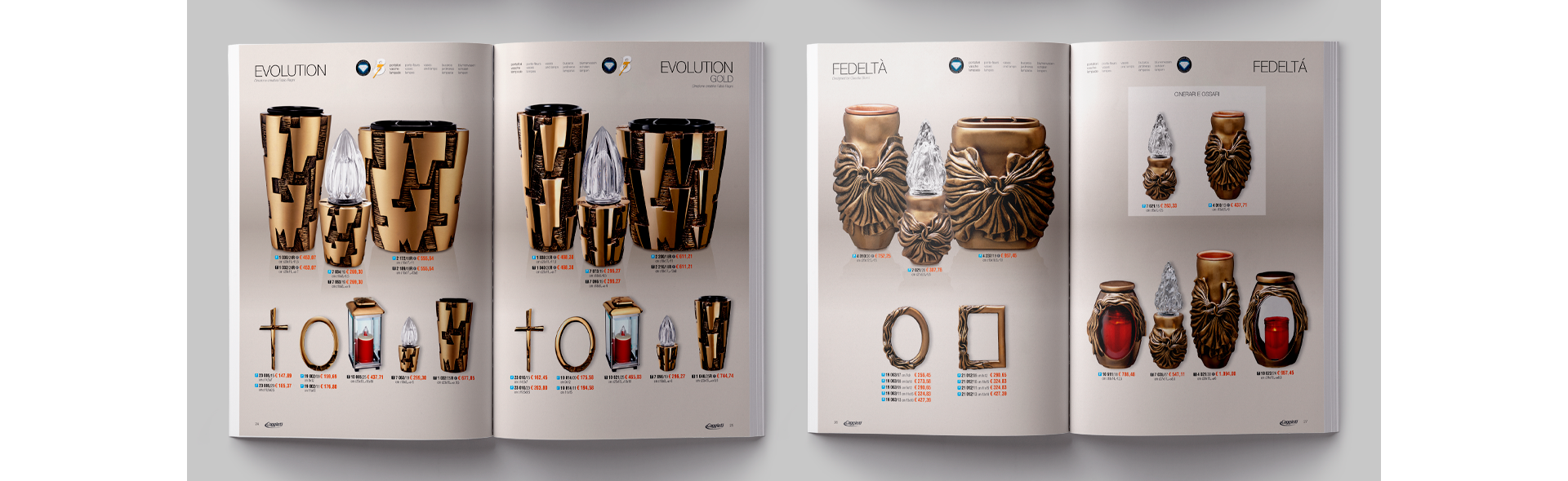 Catalogo listino Caggiati 2018 in mockup editoriale per arredo cimiteriale e prodotti memorial.