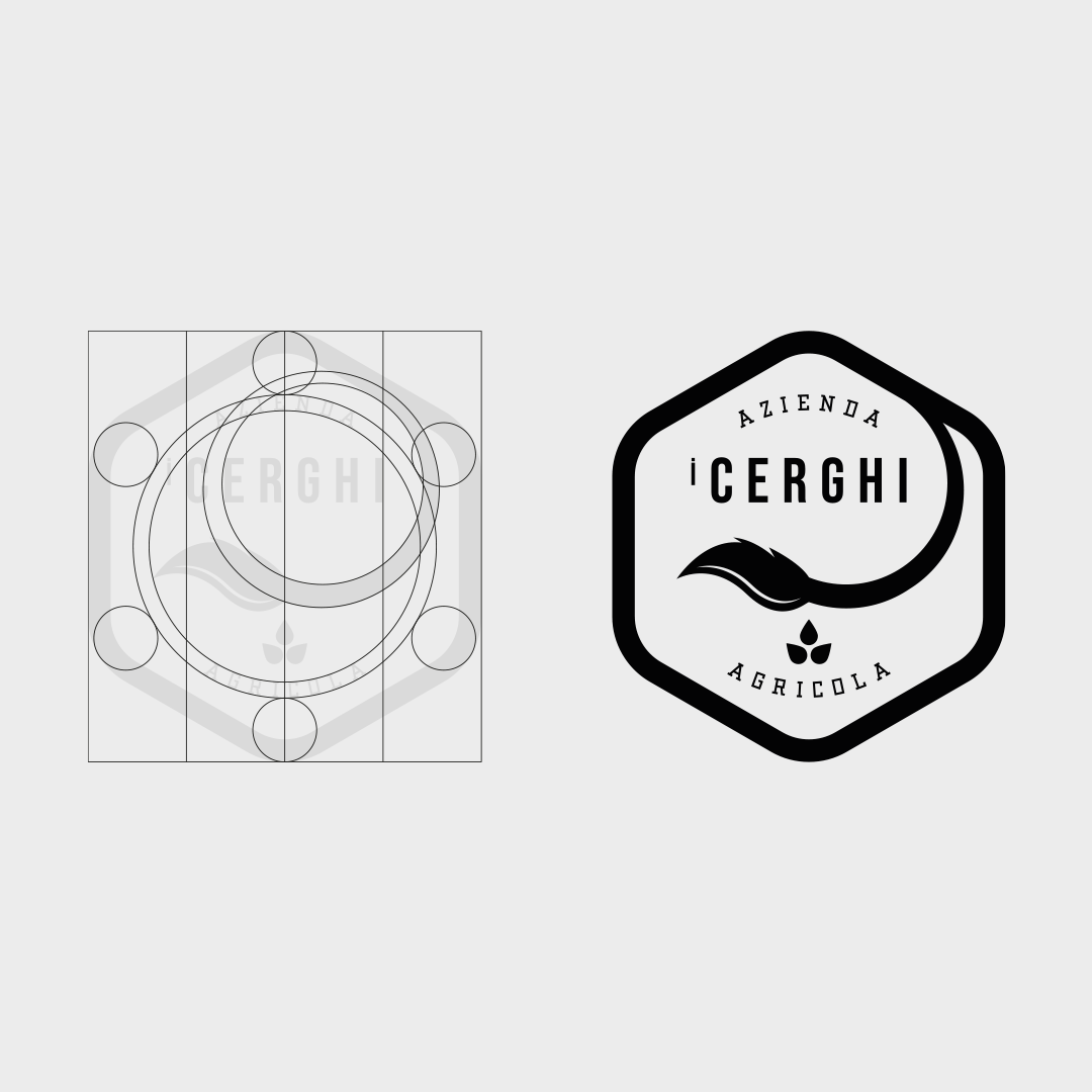 Costruzione del logo i Cerghi con studio geometrico esagonale e versione bianco e nero del marchio azienda agricola.