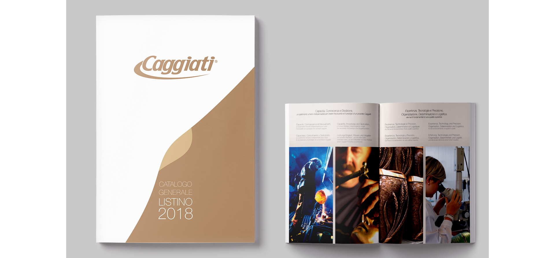 Mockup catalogo listino Caggiati 2018 per collezioni di arte funeraria e arredo cimiteriale.