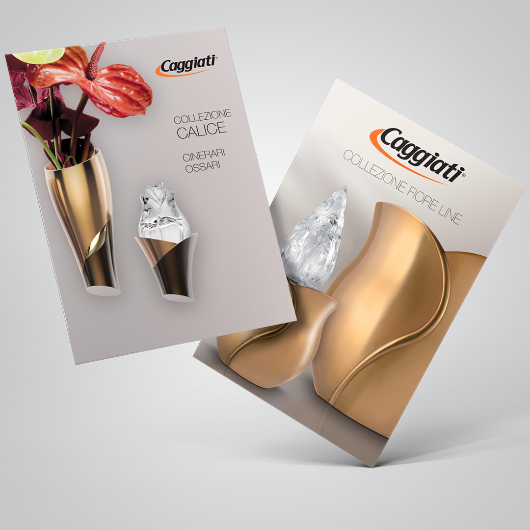 Copertine brochure Caggiati collezioni Calice e Fiore Line con modelli in bronzo in evidenza.