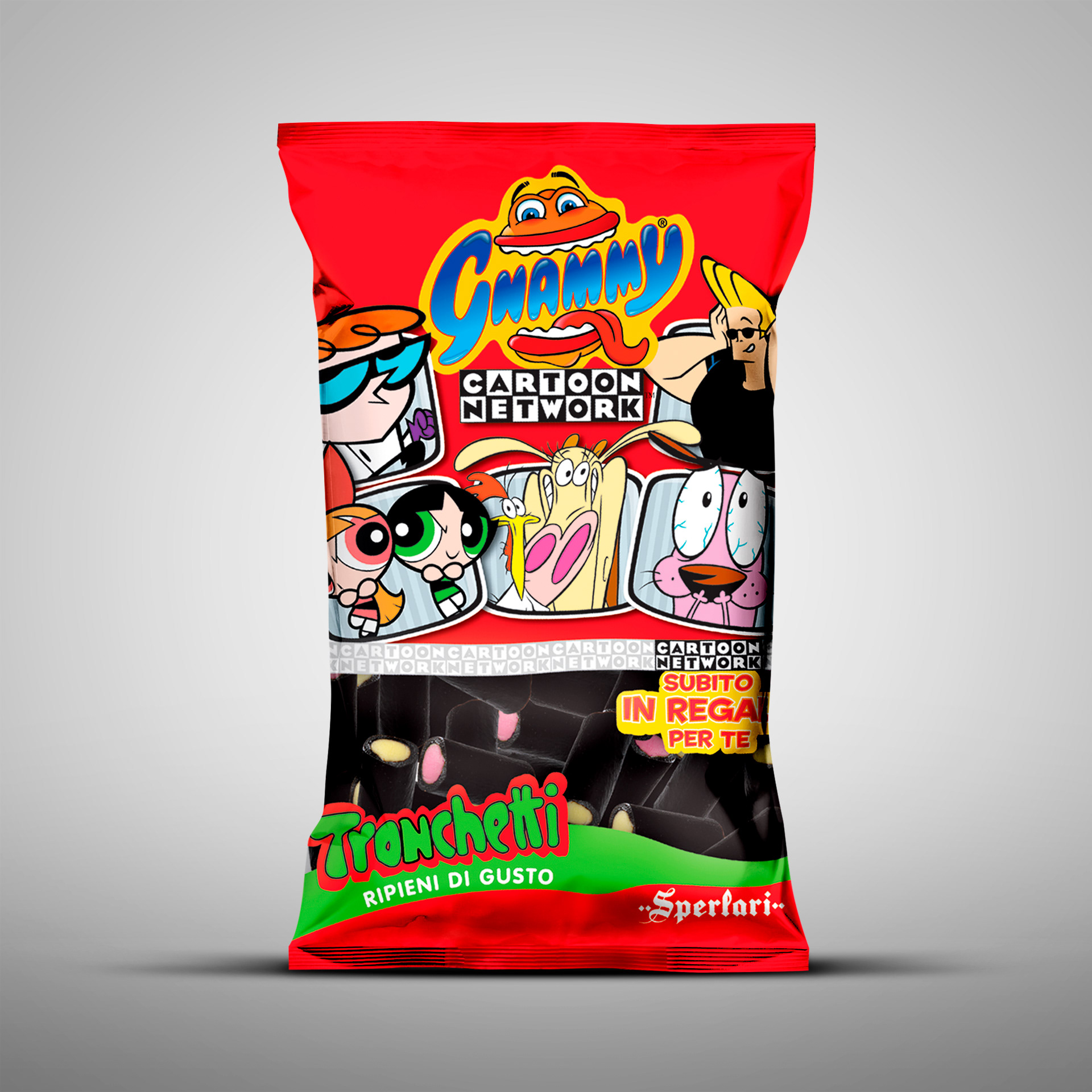 Packaging design Gnammy Sperlari sacchetto tronchetti ripieni con promozione Cartoon Network