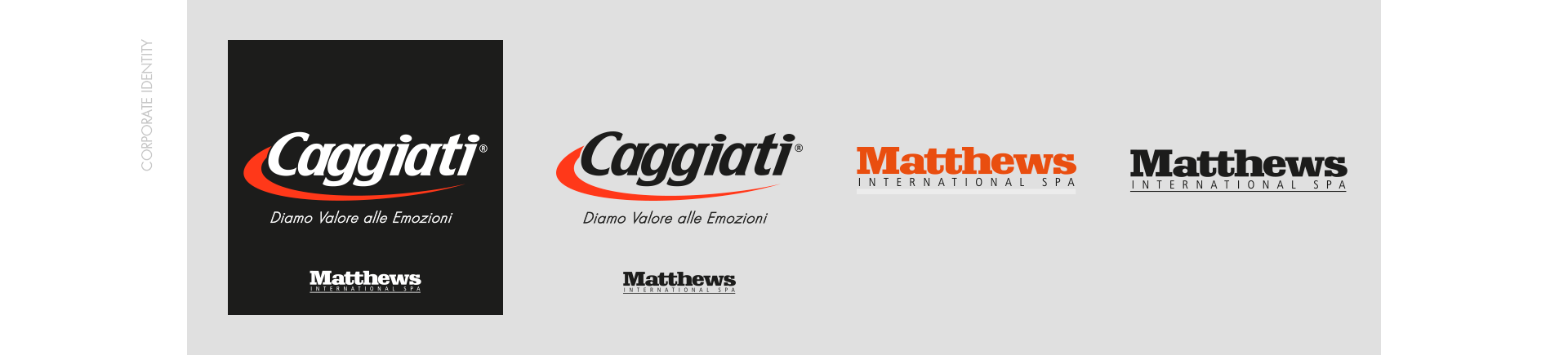 Loghi Caggiati e Matthews International nelle diverse configurazioni istituzionali per comunicazione nel settore arte funeraria.