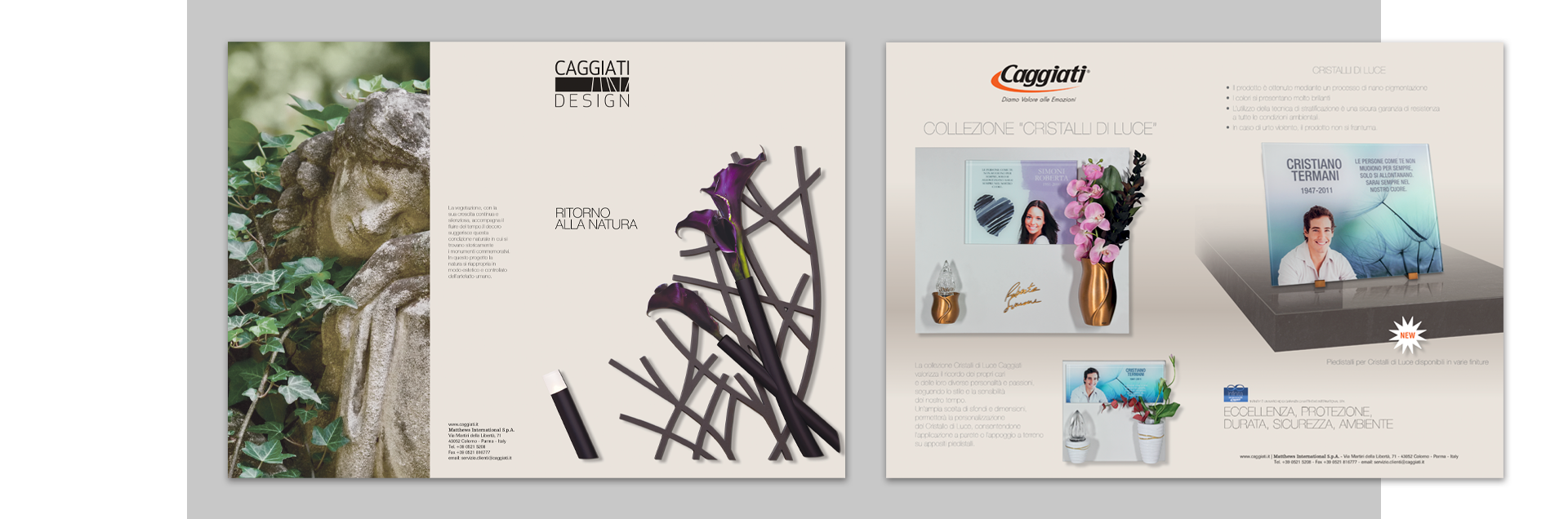 Doppie pagine pubblicitarie Caggiati per promozione collezioni di arte funeraria su rivista di settore dedicata ai professionisti del marmo.