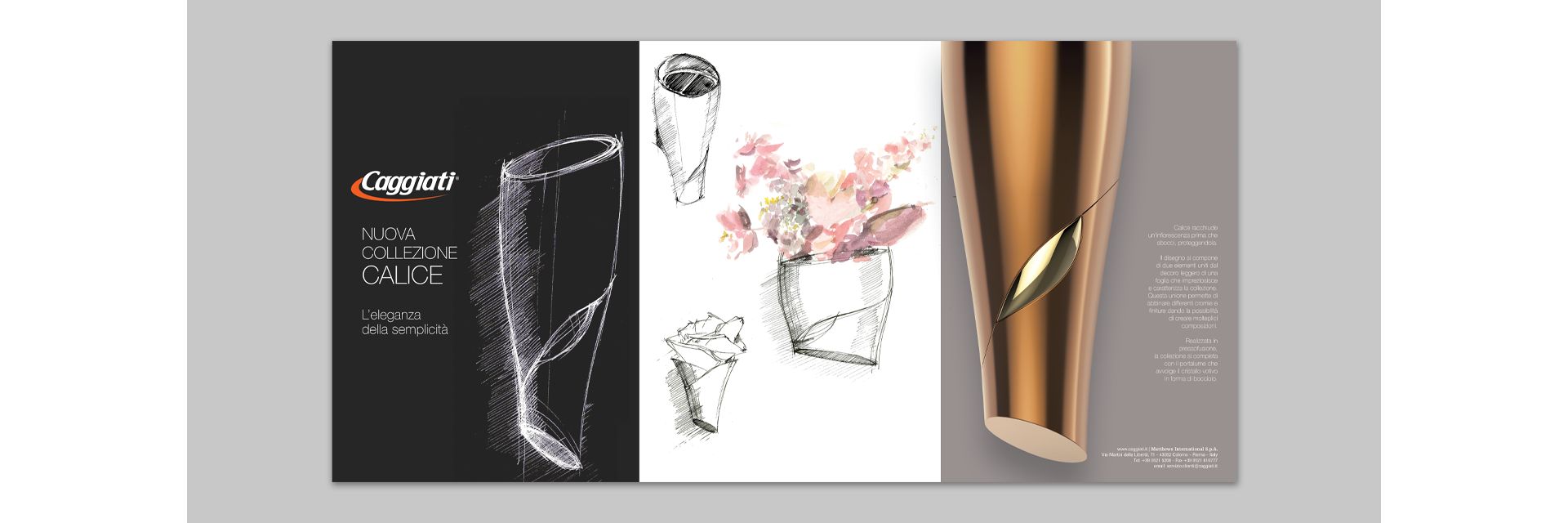 Pagina pubblicitaria Caggiati dedicata a soluzioni memorial in bronzo e marmo per mercato B2B funerario.