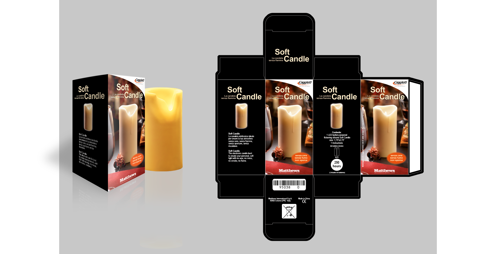 Mockup e steso packaging Caggiati per Soft Candle, candela votiva senza fiamma per arte funeraria.