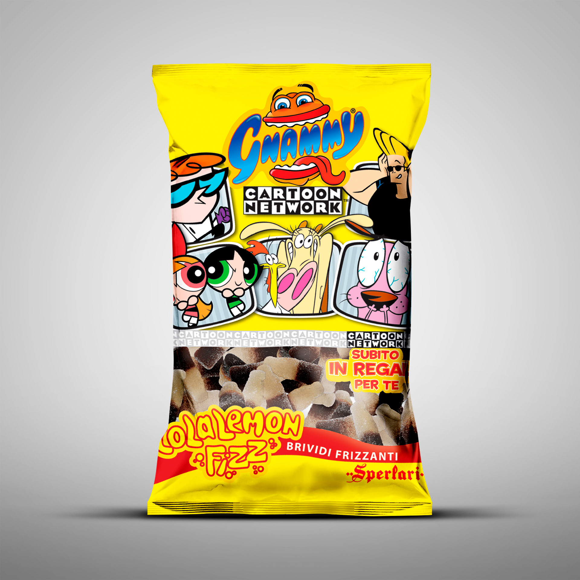 Packaging design Gnammy Sperlari sacchetto Cola Lemon Fizz con promozione Cartoon Network