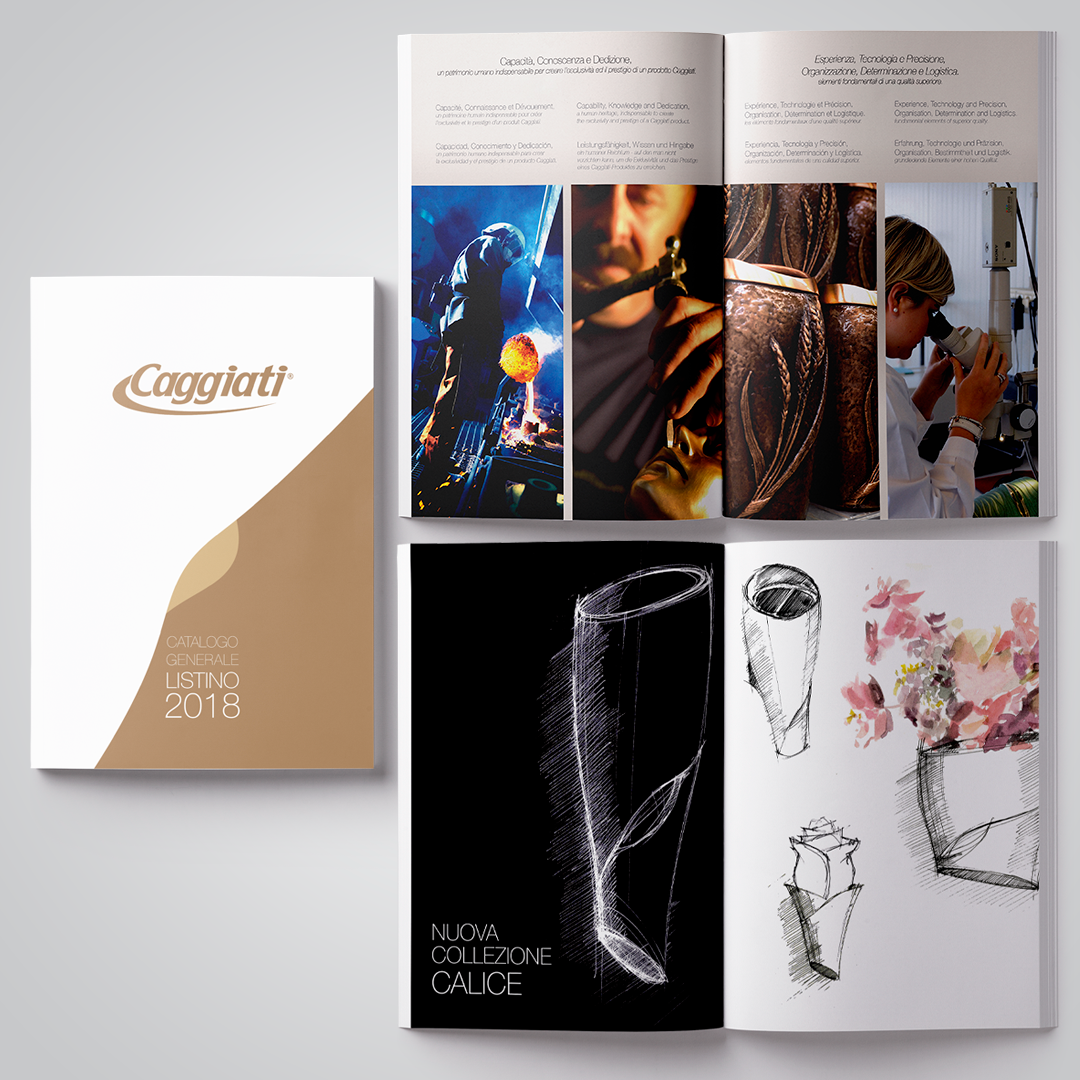 Copertina Catalogo Generale Listino 2018 Caggiati con grafica minimal ispirata alla serie Calice e mockup pagine interne con momenti di lavorazione e presentazione collezione.