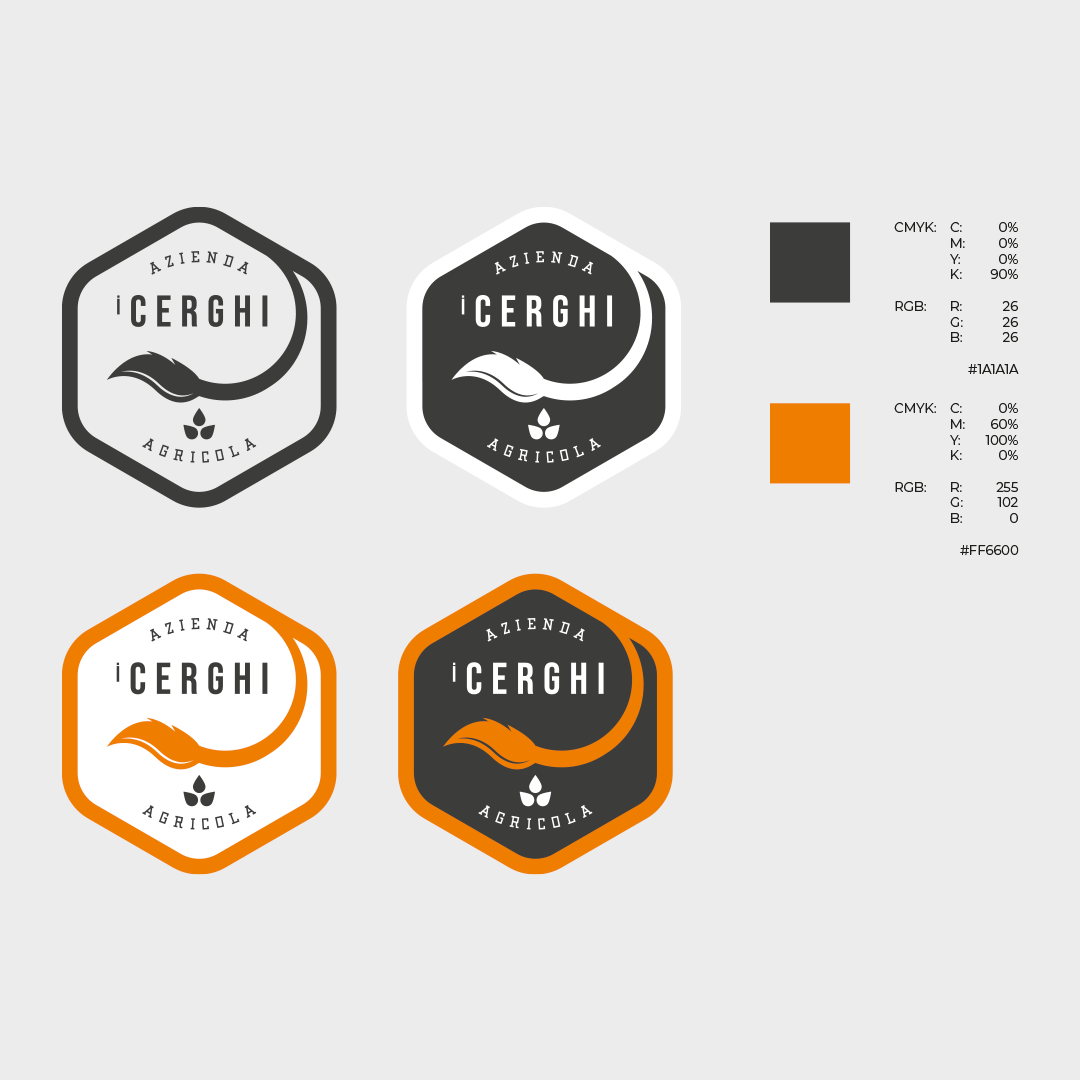 Logo i Cerghi a colori con palette cromatica arancione e grigio per brand identity azienda agricola.