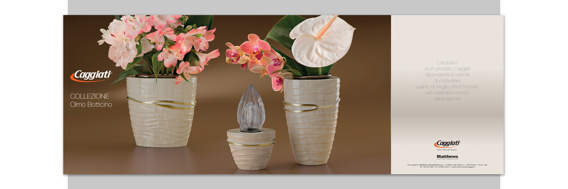 Pubblicità Caggiati per serie decorative e complementi funerari su magazine specializzato B2B.