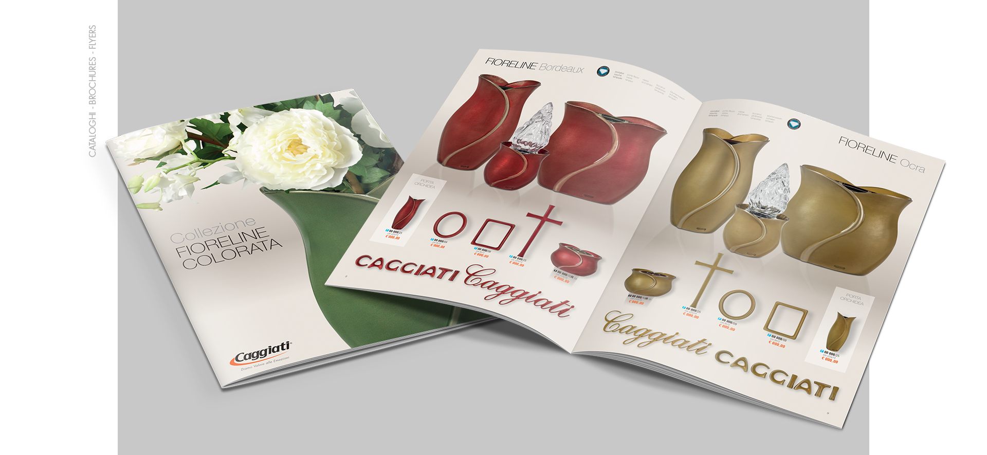 Brochure Caggiati di presentazione collezione Fiore Line in versione colorata per arte funeraria.