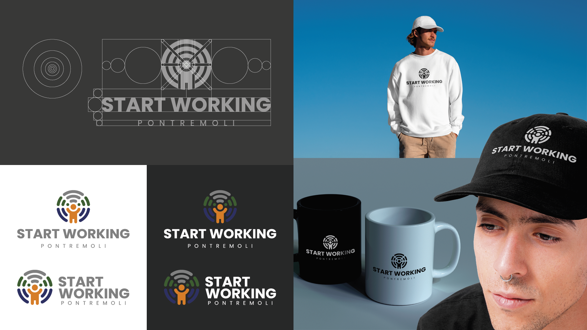 Costruzione logo Start Working coworking Pontremoli e applicazione su merchandising
