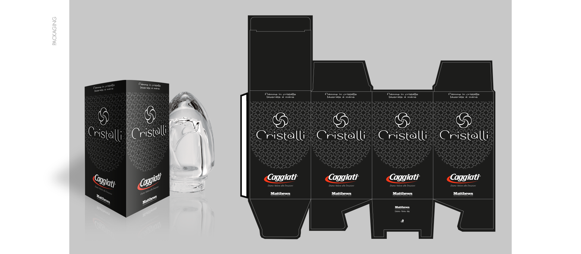 Mockup e steso packaging Caggiati per cristalli destinati a lampade votive nel settore arte funeraria.