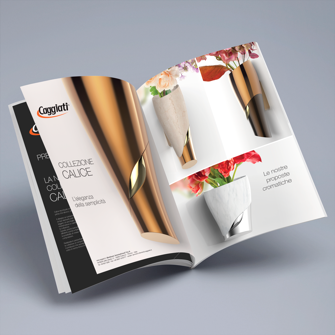 Doppia pagina pubblicitaria Caggiati per rivista specializzata nel settore funerario con collezioni di vasi in bronzo, marmo di Carrara e marmo Botticino.