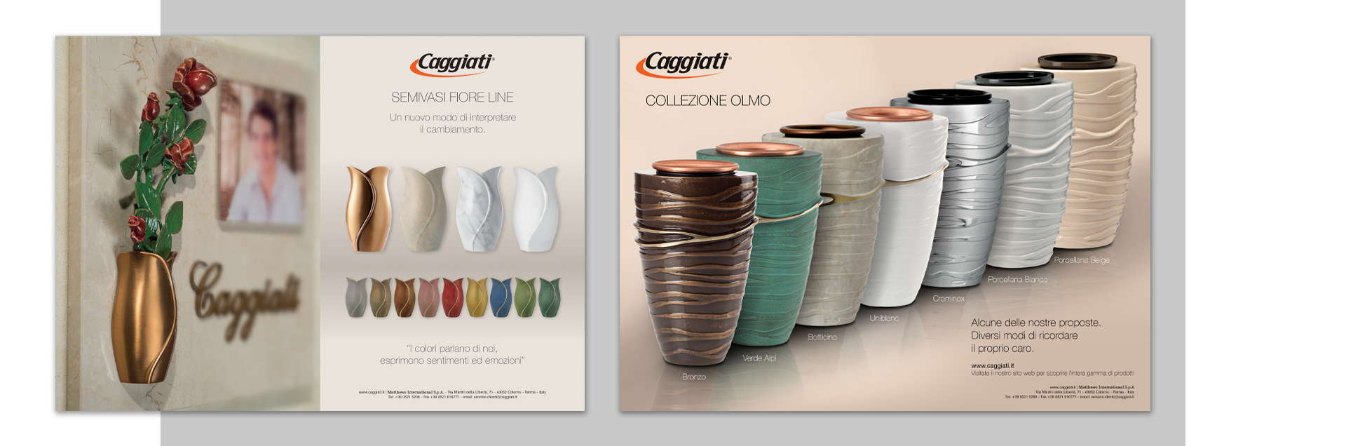 Doppie pagine promozionale Caggiati con presentazione collezioni memorial su rivista di settore per professionisti marmisti.