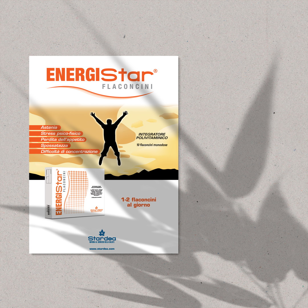 Poster pubblicitario Stardea Energistar integratore polivitaminico con comunicazione orientata a energia e vitalità.