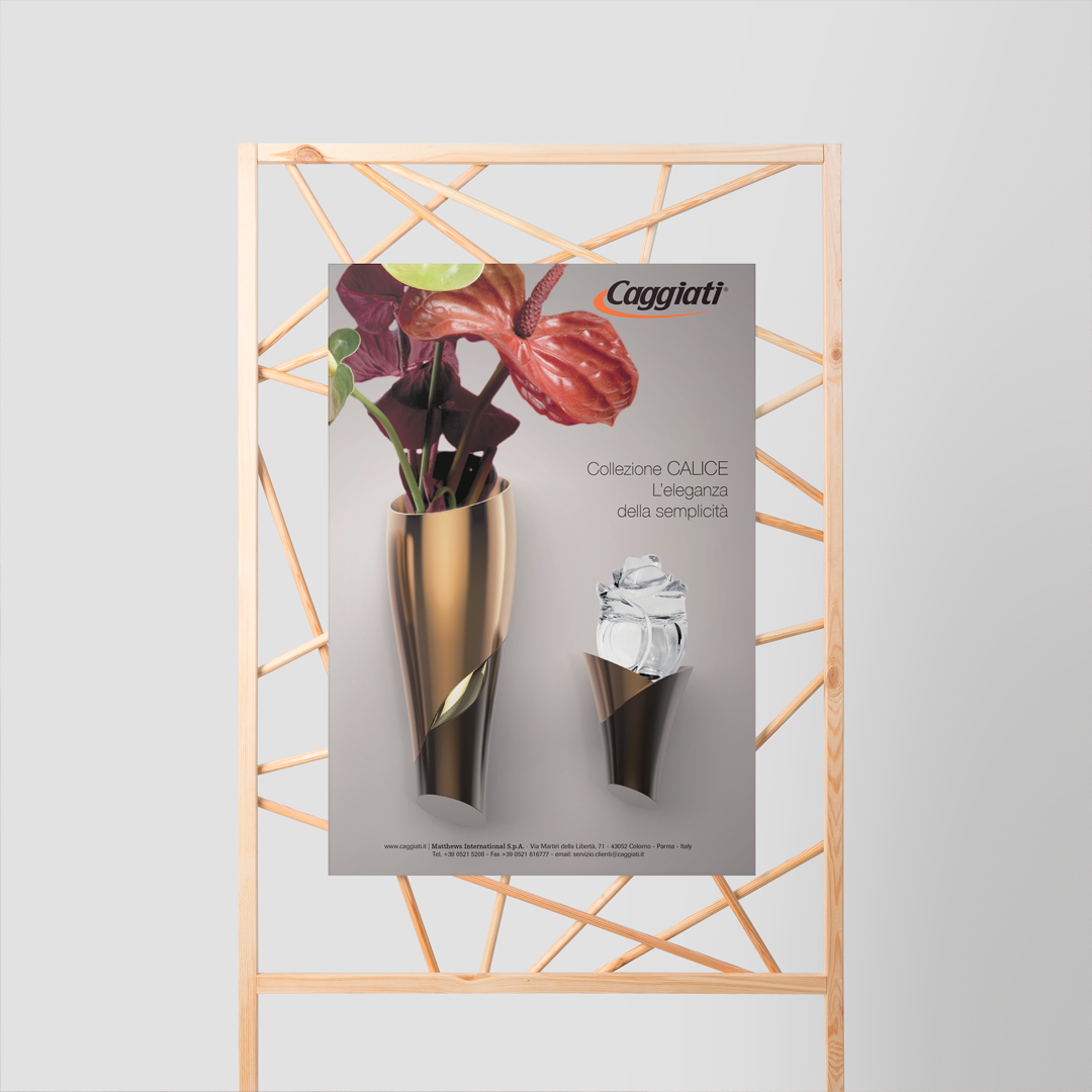Poster pubblicitario Caggiati serie Calice “L’eleganza della semplicità” per collezione arte funeraria in bronzo e marmo.