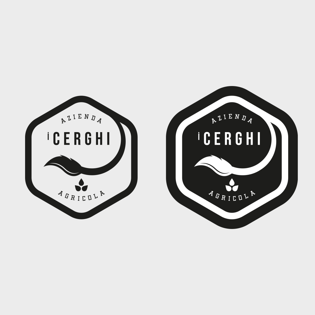 Logo i Cerghi in bianco e nero con versione positiva e negativa del marchio azienda agricola.