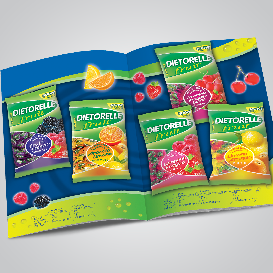 Pagina catalogo Dietorelle Fruit con gusti frutti di bosco, arancia limone, lampone fragola, amarena e fragole di bosco.