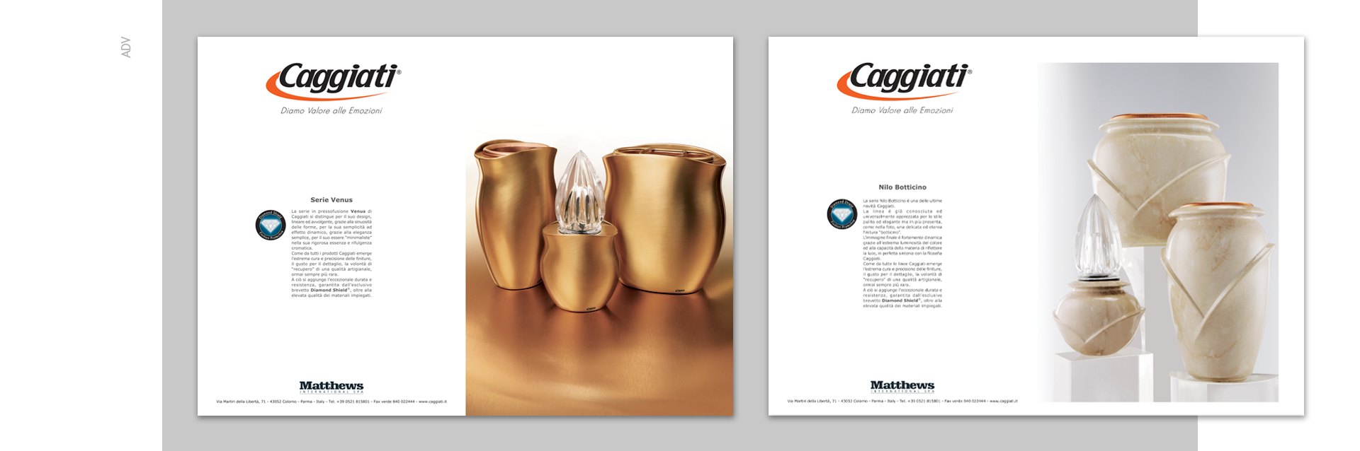 Pagine pubblicitarie Caggiati per rivista mensile dedicata ai marmisti nel settore arte funeraria e arredo cimiteriale.