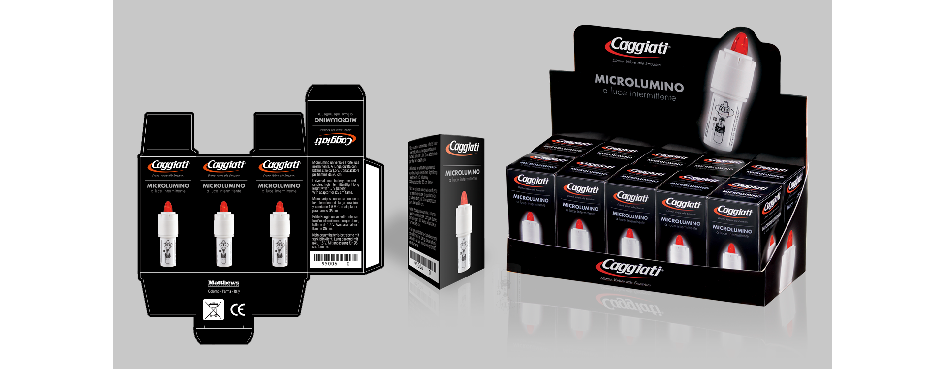 Mockup di packaging Caggiati per confezione ed espositore del microlumino a luce intermittente destinato all’ambito funerario.