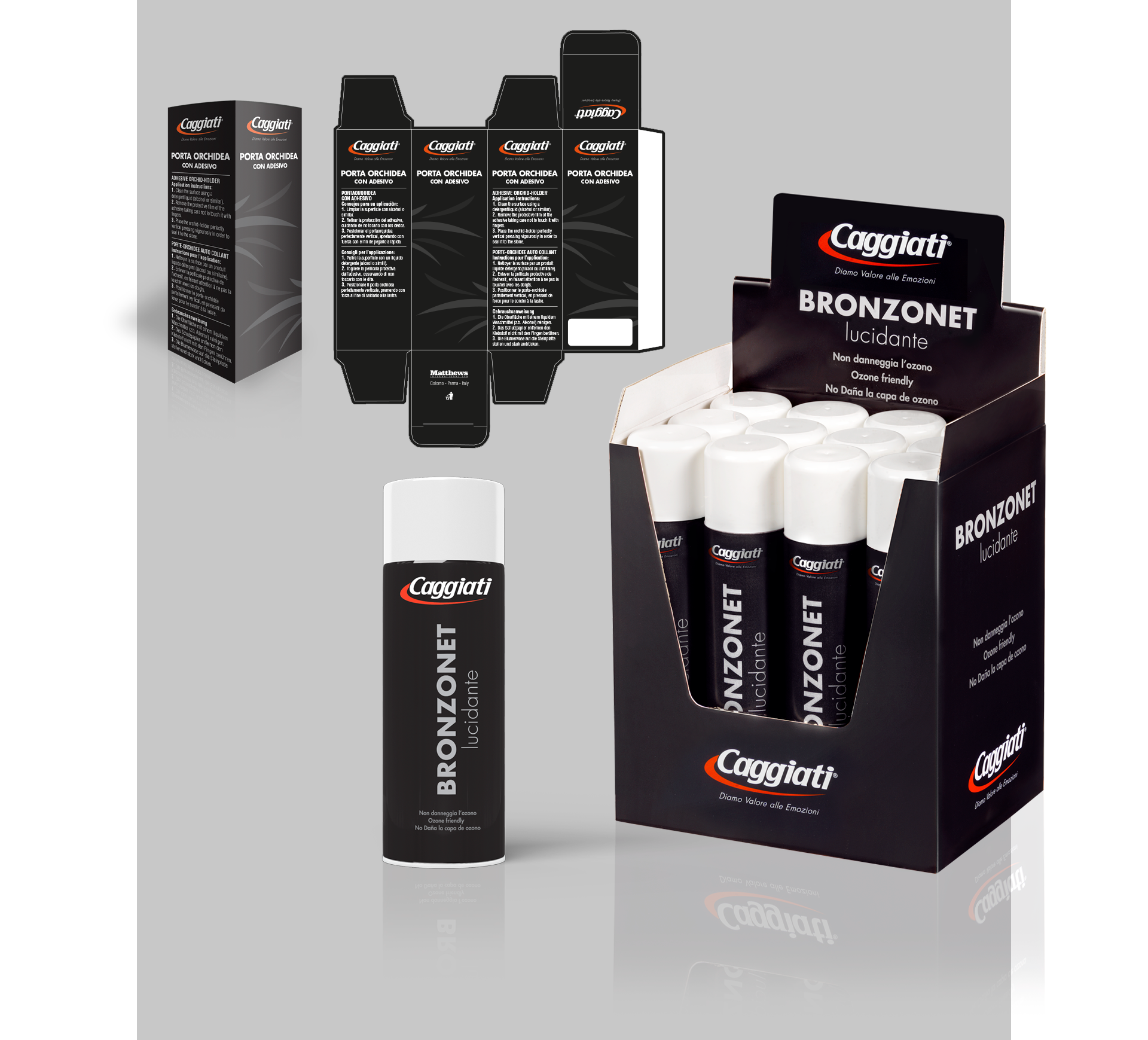 Mockup della confezione porta orchidea Caggiati e dello spray Bronzonet lucidante per marmo, con espositore da 12 pezzi per il settore funerario.