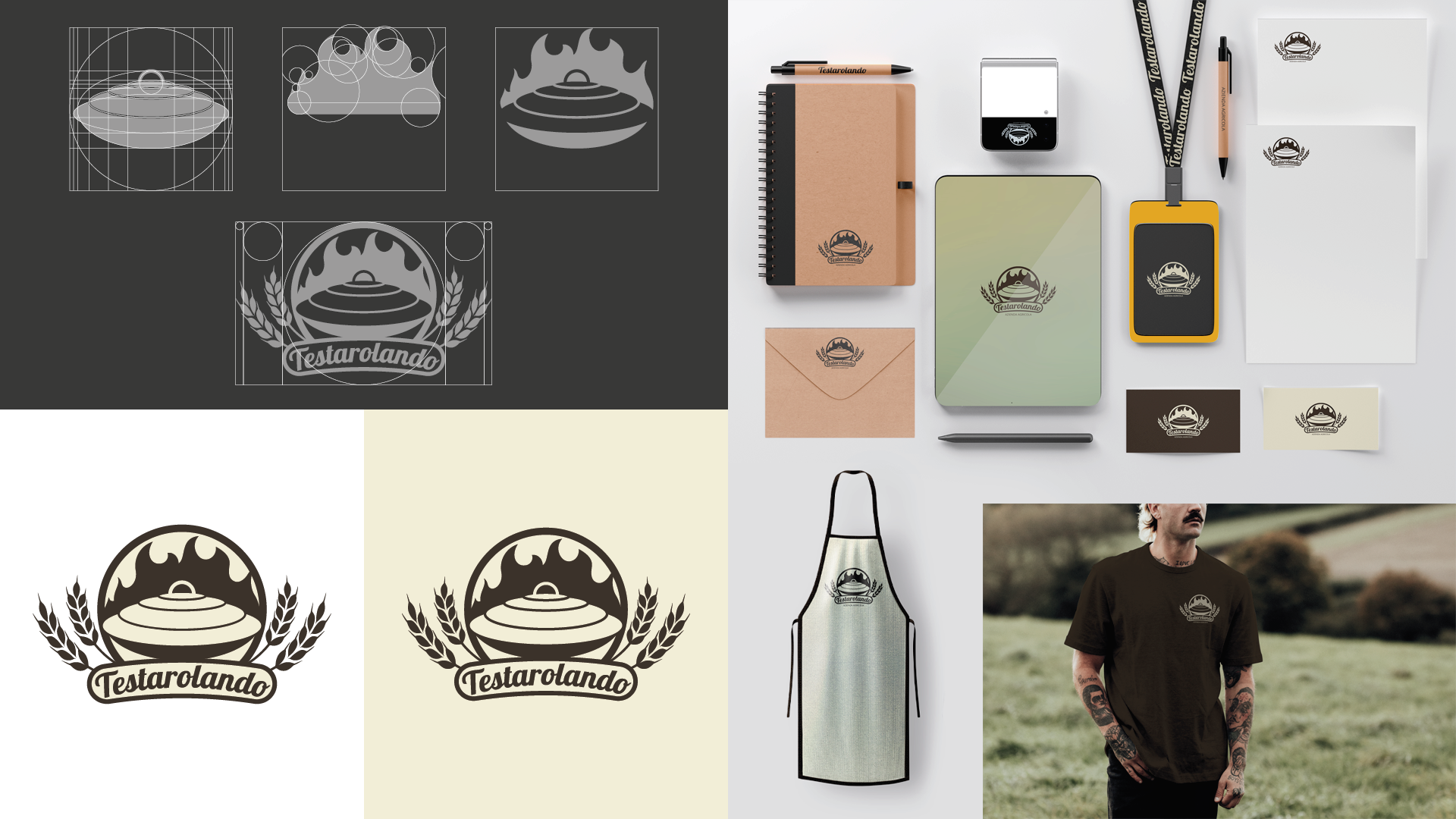 Logo design Testarolando azienda produttrice di testaroli della Lunigiana con applicazione su materiali coordinati e abbigliamento