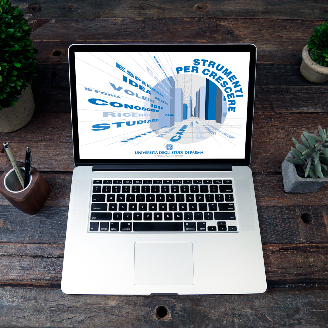 Campagna di affissione Università di Parma “Strumenti per crescere” con città in prospettiva e parole chiave studiare, idea, volere, ricerca, capire, esperienza, conoscere integrate nella composizione grafica.