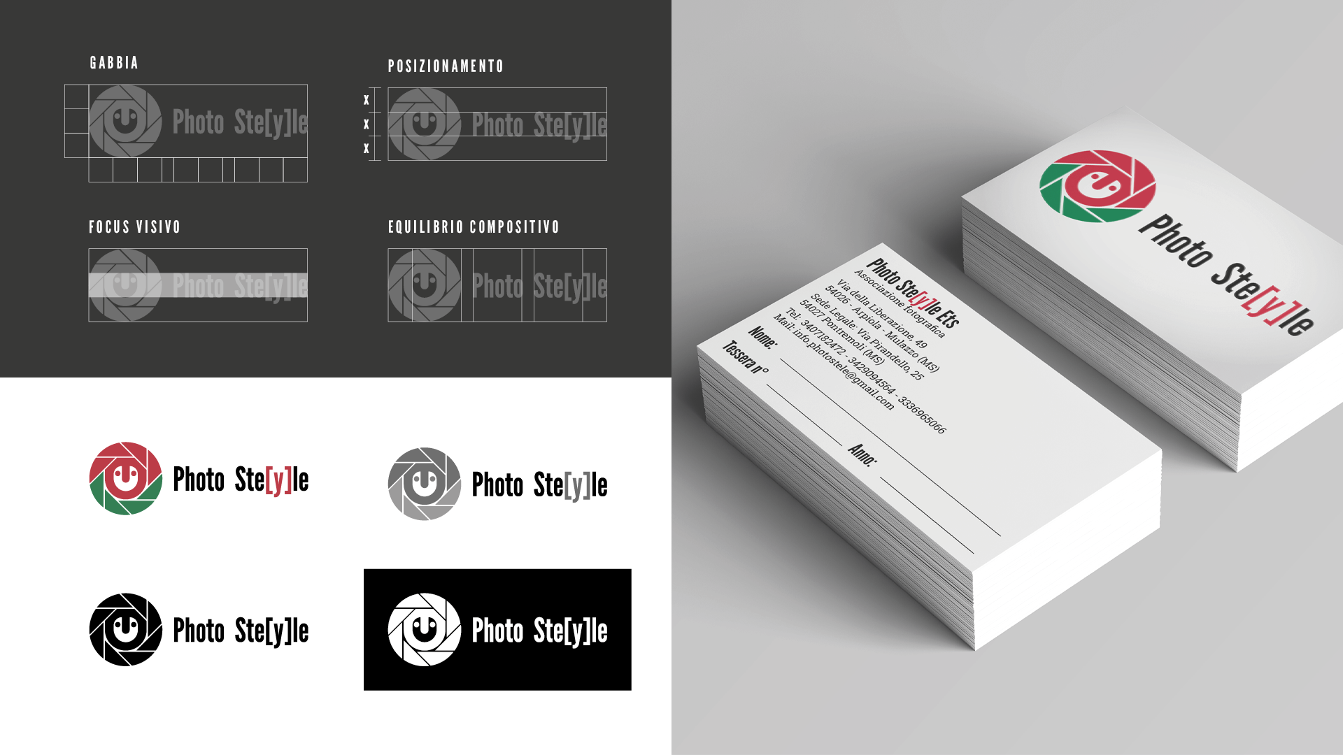 Logo design Photo Style associazione fotografica con applicazione su biglietto da visita e tessera associativa